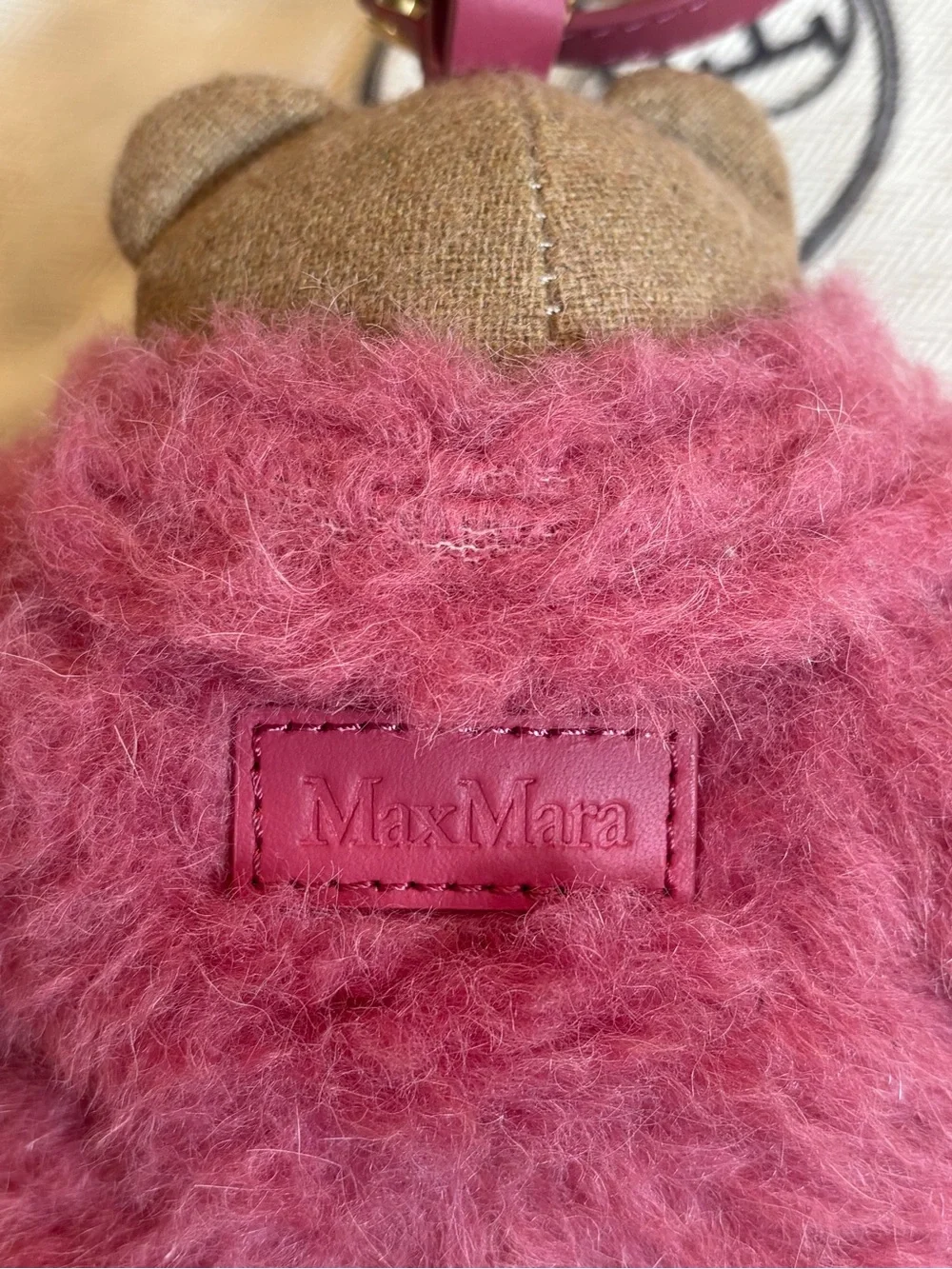 MaxMara Brown Bear Bag Charm with Pink Wool Fur Coat and Gold Hardware
